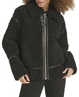 Karl Lagerfeld Paris Women's Faux-Leather-Trim Teddy Moto Coat