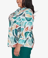 Alfred Dunner Plus Emerald Isle Women's Abstract Leaf Top Bell Sleeve Button Front