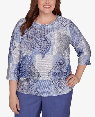 Alfred Dunner Plus Worth Avenue Women's Medallion Patchwork Beaded Crew Neck Top