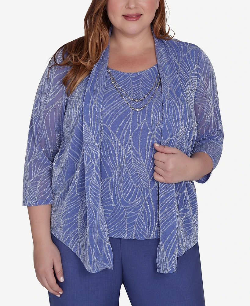 Alfred Dunner Plus Size Worth Avenue Shimmer Leaf Two In One Top With Necklace