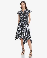 Dkny Women's Printed Tie-Waist Asymmetrical-Hem Linen Dress