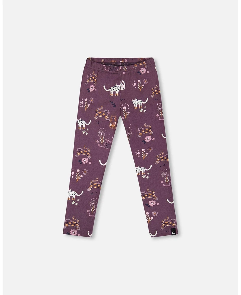 Deux par Big Girls Jersey Leggings Mauve Printed Cats