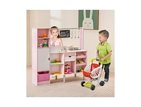 Slickblue 2-in-1 Double-sided Kids Kitchen and Market with Realistic Light and Sound-Pink