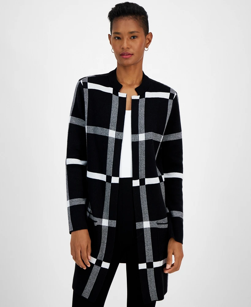 Kasper Petite Windowpane-Print Notch-Collar Cardigan