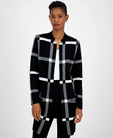 Kasper Petite Windowpane-Print Notch-Collar Cardigan