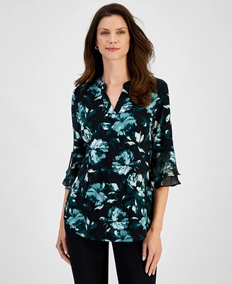 Kasper Women's Floral Print Split-Neck Bell-Sleeve Blouse