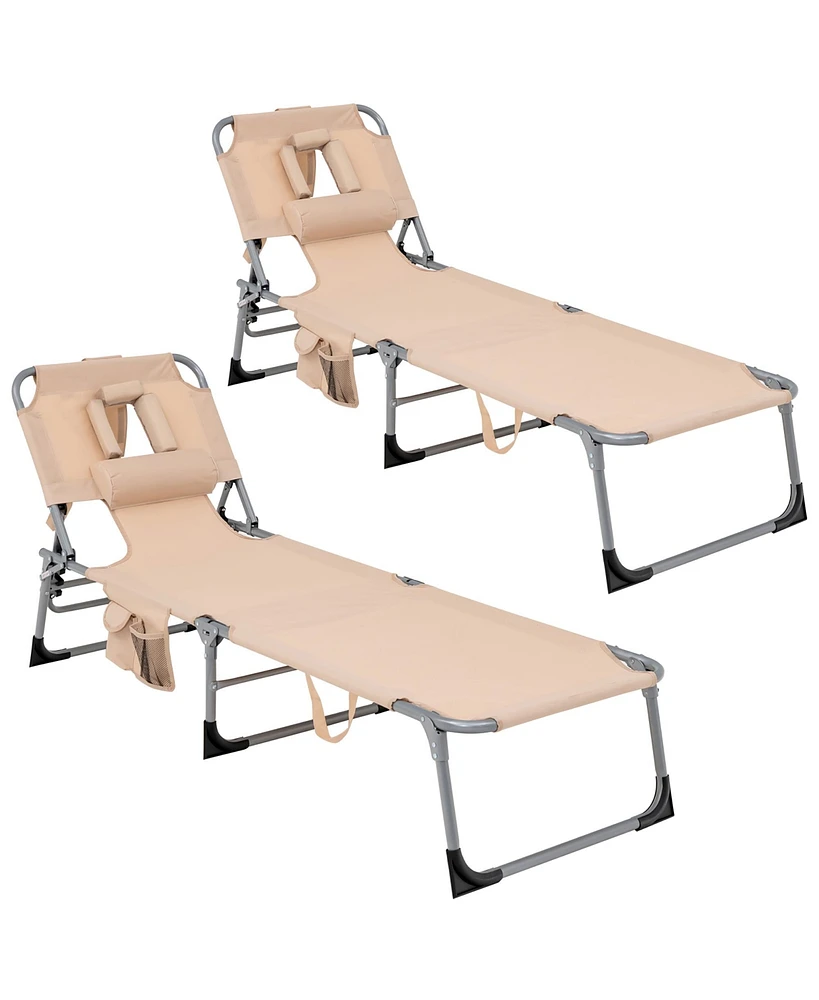 Gymax 2 Pieces Portable Beach Chaise Lounge Chair Folding Reclining Chair w/ Facing Hole Beige