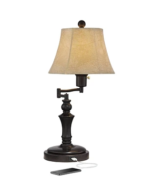 Corey Traditional Natural Cottage Swing Arm Desk Table Lamp with Hotel Style Usb Charging Port 21.75" High Bronze Metal Faux Leather Bell Shade Living