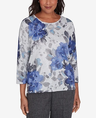 Alfred Dunner Women's Worth Avenue Watercolor Floral Shimmer Crew Neck Top