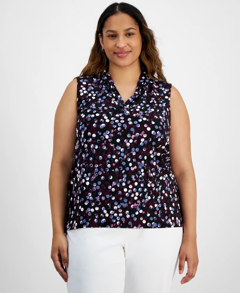 Anne Klein Plus Size Printed Triple-Pleat V-Neck Top