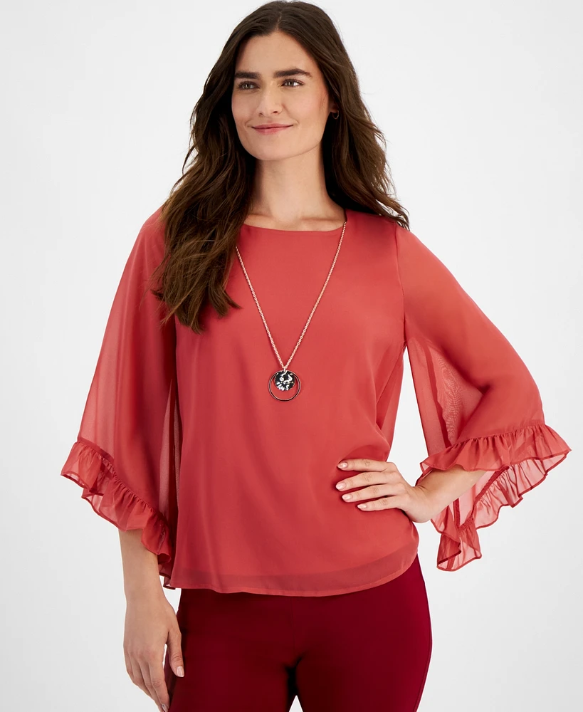 Jm Collection Women's Ruffle-Trim 3/4-Sleeve Necklace Top, Created for Macy's