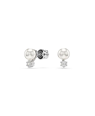 Swarovski Crystal Pearl, Round Cut, White, Rhodium Plated Matrix Stud Earrings