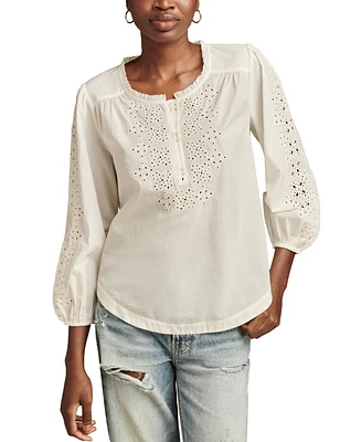 Lucky Brand Women's Cotton Eyelet-Embroidered 3/4-Sleeve Top