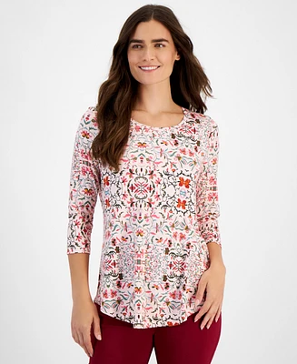 Jm Collection Women's Printed 3/4-Sleeve Top, Created for Macy's