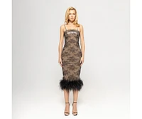 Nissa Women's Feather-Trimmed Sequined Midi Dress