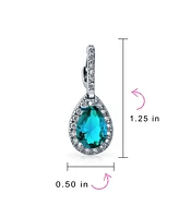 Bling Jewelry 7CT Style Halo Aqua Cubic Zirconia Cz Formal Huggie Snap Hinge Dangle Drop Teardrop Earrings smaid Rhodium Plated