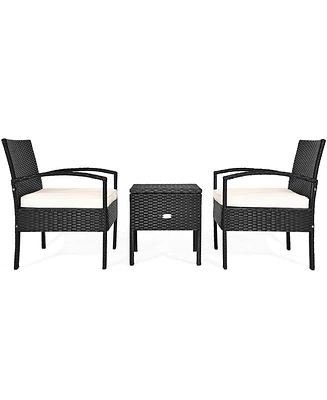 Gymax 3PCS Rattan Patio Conversation Set Outdoor Furniture Set w/ Storage Table