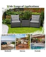 Gymax 3PCS Patio Rattan Sofa Set Outdoor Wicker Conversation Set Glass Tabletop w/ Grey Cushion