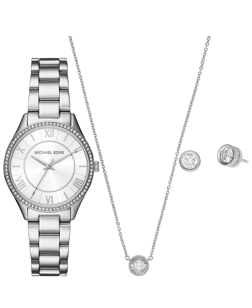 Michael Kors Women's Lauryn Three-Hand Stainless Steel Watch, Earrings and Necklace Gift Set 33mm - Silver