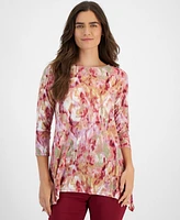 Jm Collection Petite Printed Jacquard 3/4-Sleeve Swing Top, Created for Macy's