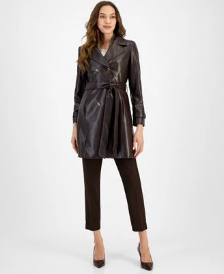 Tahari Asl Womens Faux Leather Trench Coat Fringe Blouse Pants