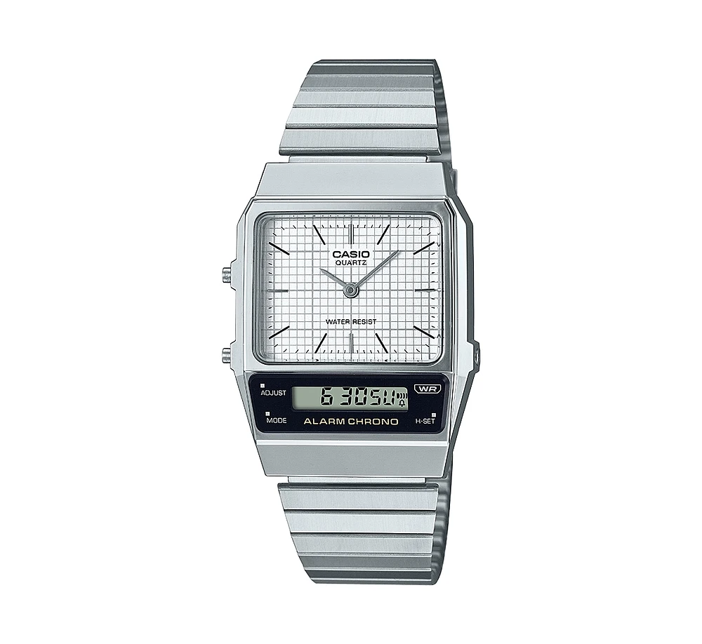Casio Unisex Silver Tone Stainless Steel Watch, 32.1mm, AQ800E-7A2VT