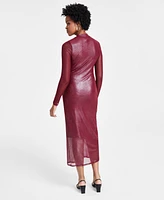 Bar Iii Women's Foil Mesh Mock Neck Bodycon Midi Dress, Created for Macy's