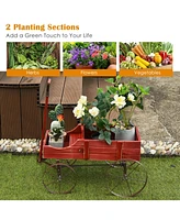 Sugift Wooden Wagon Plant Bed with Metal Wheels for Garden Yard Patio
