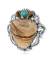 American West Jewelry Sterling Silver Soft Triangle Pendant Enhancer with Picture Jasper, Green Turquoise and Tiger's Eye Gemstones - Multi