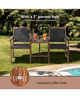Gymax Patio Acacia Wood Conversation Companion Bench Loveseat Chair with Side Table