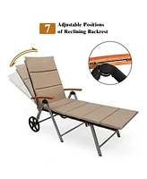 Gymax Folding Patio Rattan Lounge Chair Chaise Cushioned Aluminum Adjust Wheel