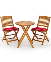 Gymax 3PCS Folding Acacia Wood Bistro Set Patio Conversation Set w/ Red Cushions