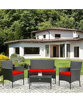 Sugift 4 Pieces Patio Rattan Cushioned Sofa Set with Tempered Glass Coffee Table-Red