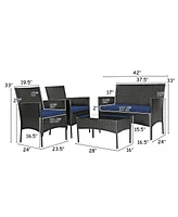 Sugift 4 Pieces Patio Rattan Cushioned Sofa Set with Tempered Glass Coffee Table-Navy & Off White