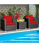 Sugift 3 Pieces Patio Wicker Conversation Set with Cushion-Red