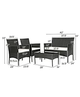 Sugift 4 Pieces Patio Rattan Cushioned Conversation Sets with Tempered Glass Coffee Table