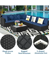 Sugift 7 Pieces Sectional Wicker Furniture Sofa Set with Tempered Glass Top-Navy