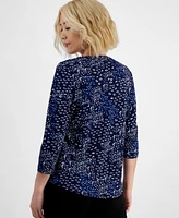 Jones New York Petite Printed Embellished 3/4-Sleeve Top