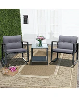 Sugift 3 Pieces Cushioned Patio Rattan Set with Rocking Chair and Table