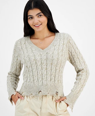 Planet Heart Juniors' Cable-Knit Distressed-Hem Sweater