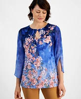 Jm Collection Women's Printed Chiffon-Sleeve Top, Created for Macy's