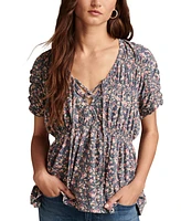 Lucky Brand Women's Printed Cotton Smocked Peplum Top