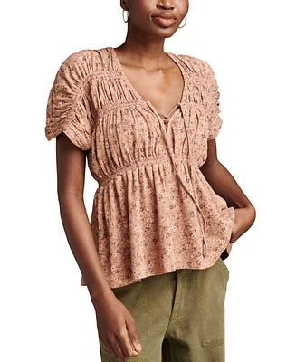 Lucky Brand Women's Printed Cotton Smocked Peplum Top