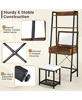 Vanity Table Set Flip Top Mirror Ladder Storage Shelf Cushioned Stool Rustic
