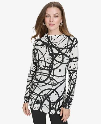 Halston Women's Printed Mock-Neck Long-Sleeve Top