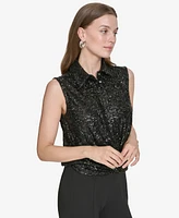 Halston Women's Sequin Twist-Front Collared Top