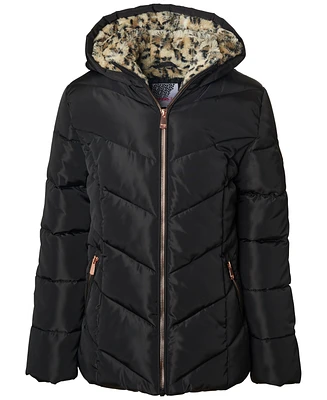 Kensie Girl Big Girls Quilted Full-Zip Hooded Puffer Jacket with Cheetah-Print Faux-Fur Lining