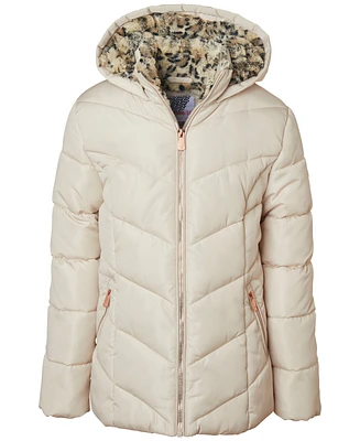 Kensie Girl Big Girls Quilted Full-Zip Hooded Puffer Jacket with Cheetah-Print Faux-Fur Lining