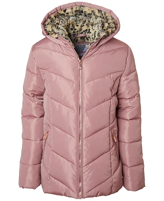 Kensie Girl Big Girls Quilted Full-Zip Hooded Puffer Jacket with Cheetah-Print Faux-Fur Lining