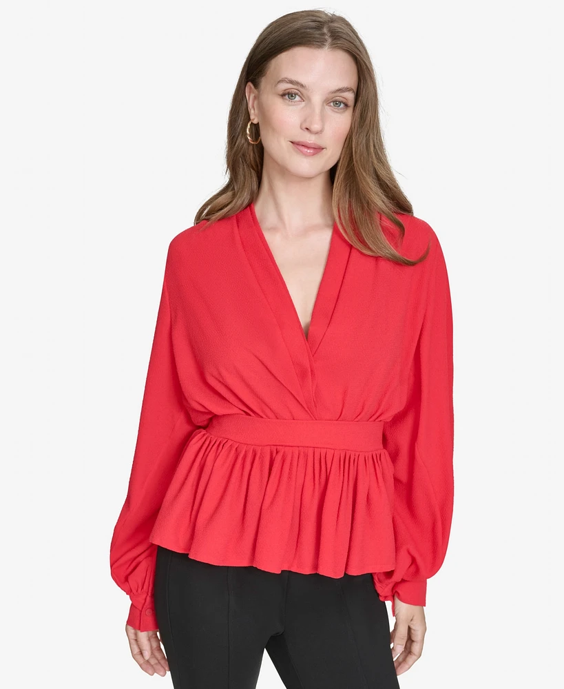 Halston Women's Tie-Waist Balloon-Sleeve Peplum Top